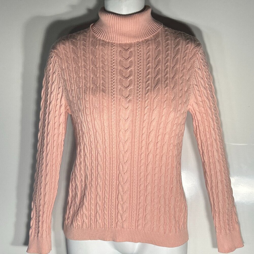 Lands' End SZ 10-12 P Pink cotton turtleneck cable knit sweater Old Money Preppy